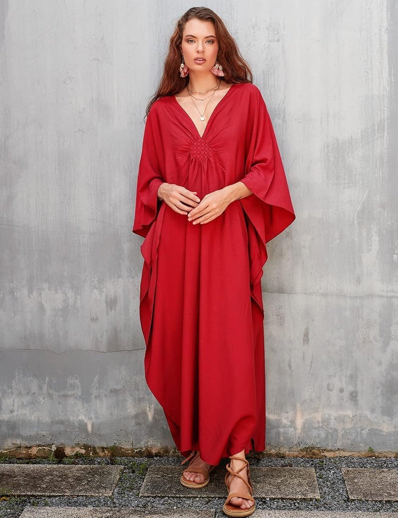 Bsubseach Women Solid Color Cover Up V Neck Batwing Sleeve Plus Size Beach Kaftan Dresses - Image 4